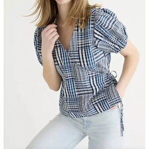 J. Crew Puff Sleeve Wrap Top Indigo Patchwork Blue Size XS
